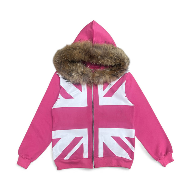 Pink Union Jack Fur Hoodie